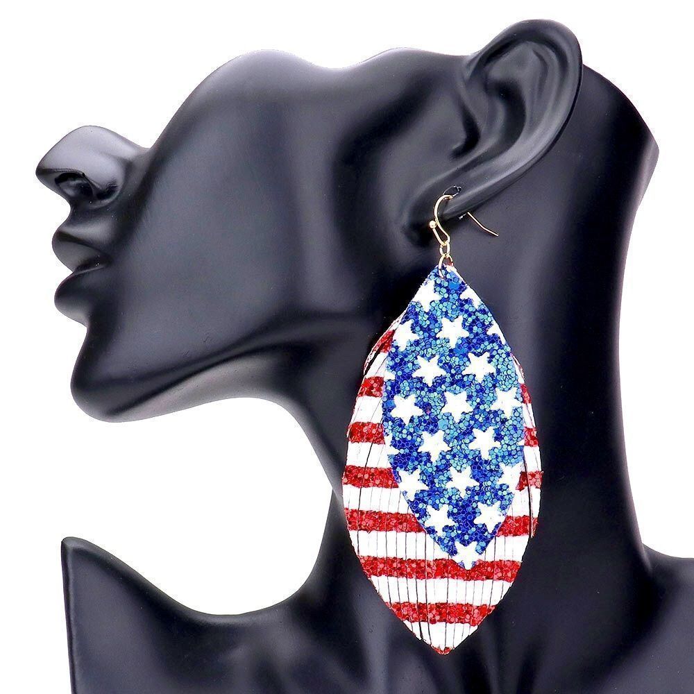 Glittered USA Flag Vegan Leather Dangle Statement Earrings